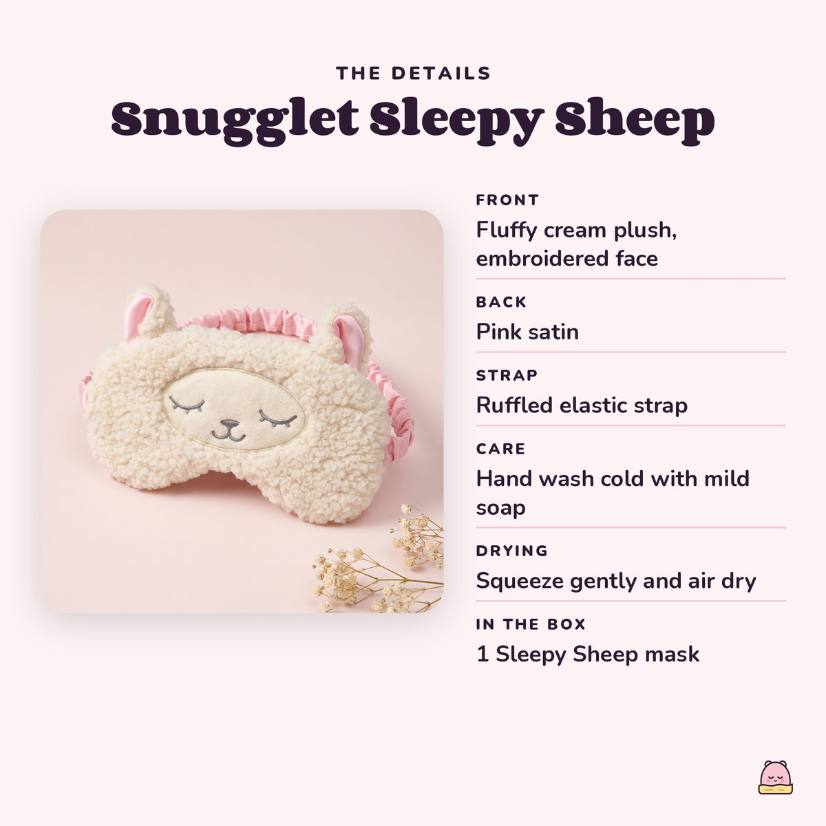 Snugglet Sleepy Sheep details: fluffy cream plush front, pink satin back, ruffled elastic strap