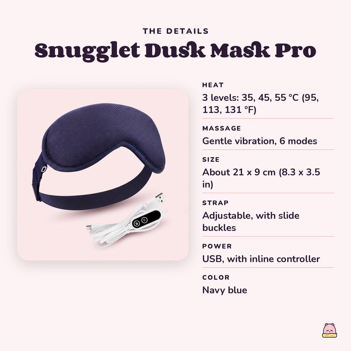 Snugglet Dusk Mask Pro details: 3 heat levels 35, 45, 55 °C (95, 113, 131 °F), gentle vibration in 6 modes