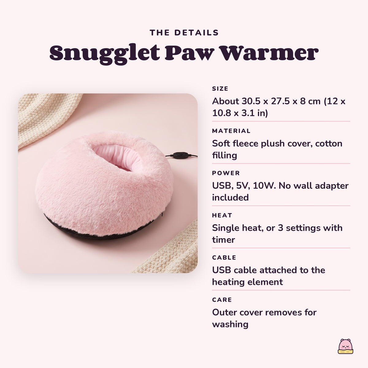 Snugglet Paw Warmer details: about 30.5 x 27.5 x 8 cm (12 x 10.8 x 3.1 in), soft fleece plush cover