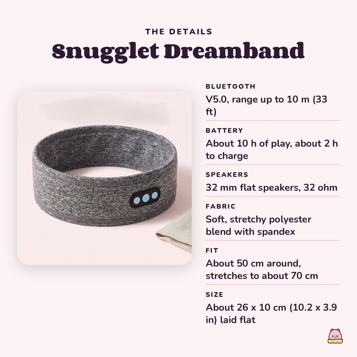 Snugglet Dreamband details: Bluetooth 5.0, about 10 h of play, about 2 h to charge