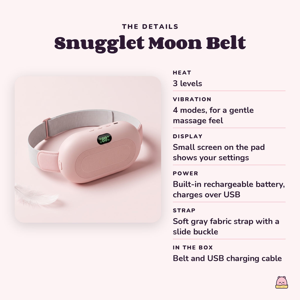 Snugglet Moon Belt details: 3 heat levels, 4 vibration modes, small screen on the pad