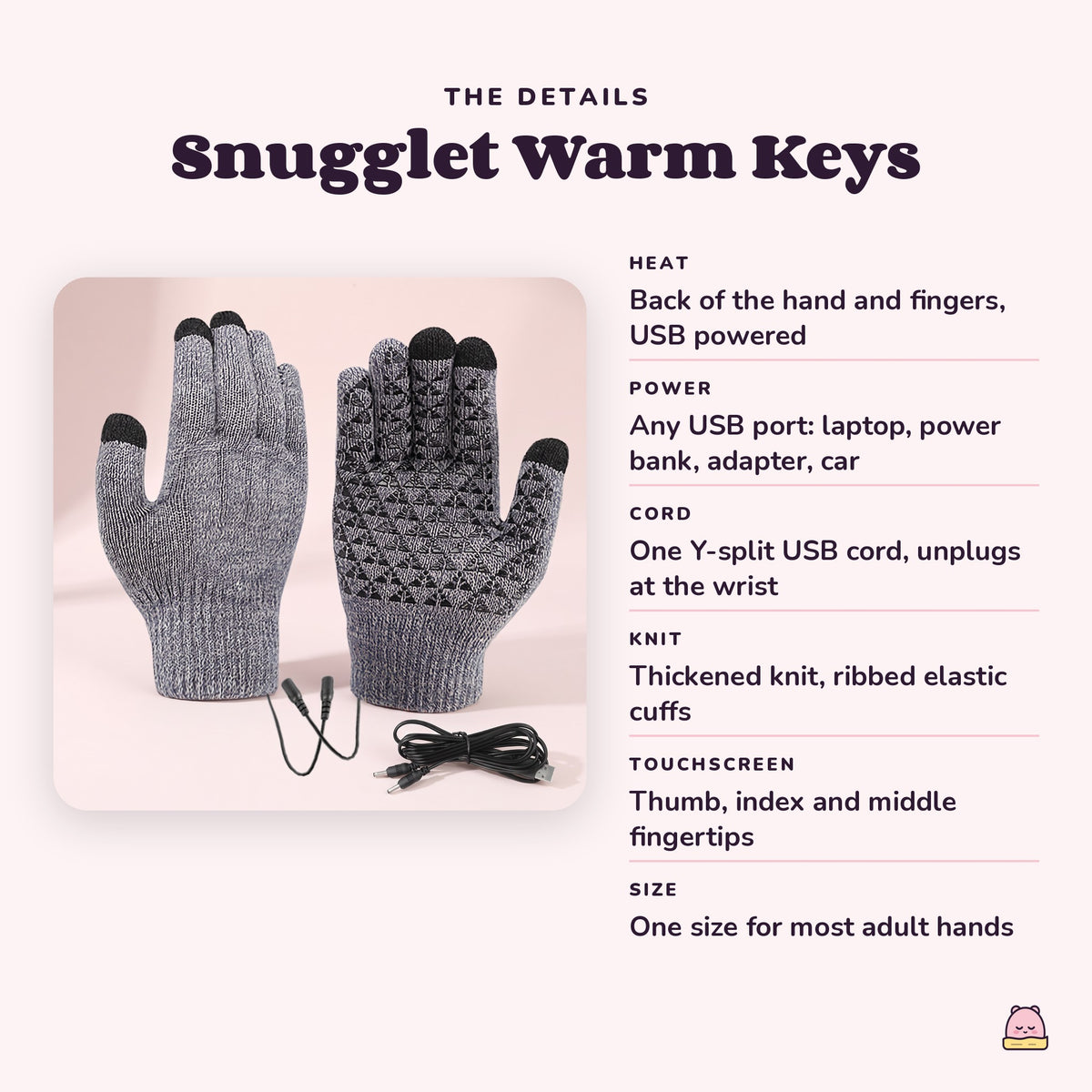 Snugglet Warm Keys details: heats the back of the hand and fingers, any USB port, touchscreen fingertips
