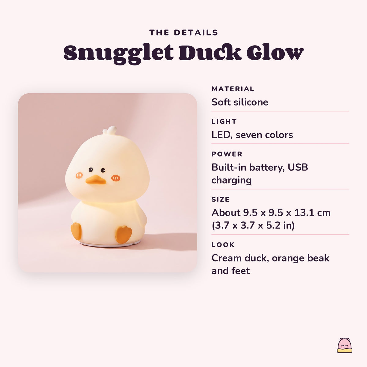 Snugglet Duck Glow details: soft silicone, seven LED colors, built-in battery with USB charging