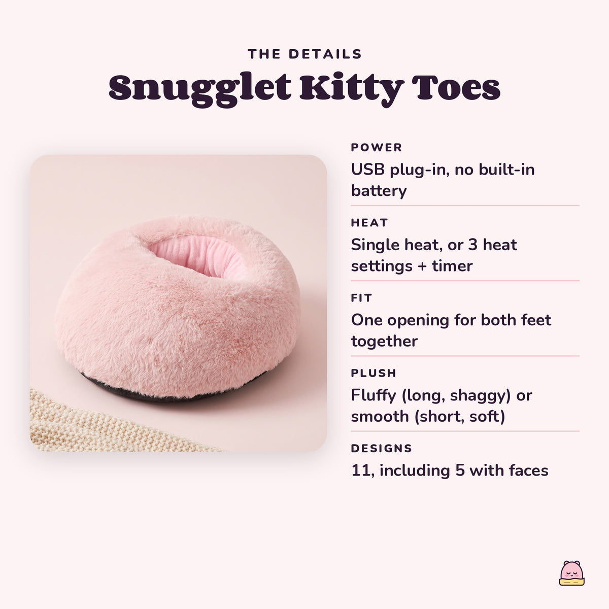 Snugglet Kitty Toes details: USB plug-in, single heat or 3 heat settings with timer
