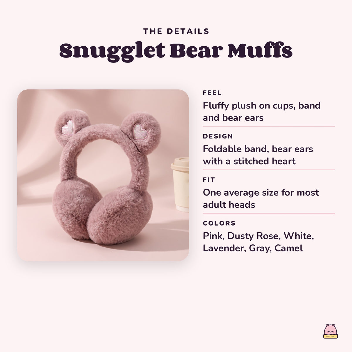 Snugglet Bear Muffs details: fluffy plush cups, band and bear ears, foldable band