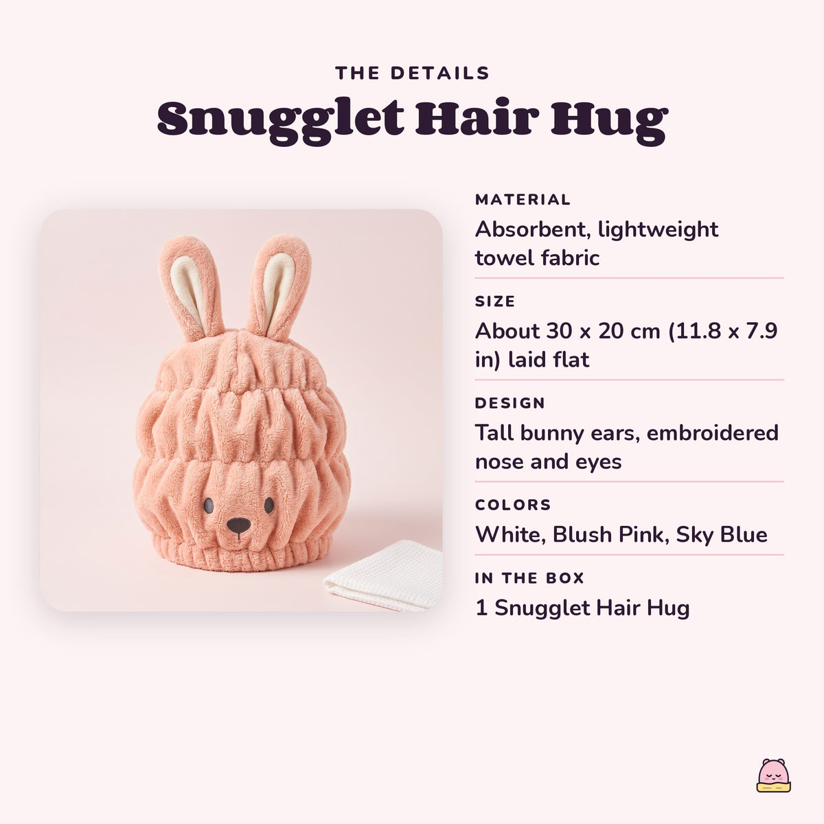 Snugglet Hair Hug details: absorbent lightweight towel fabric, about 30 x 20 cm (11.8 x 7.9 in) laid flat