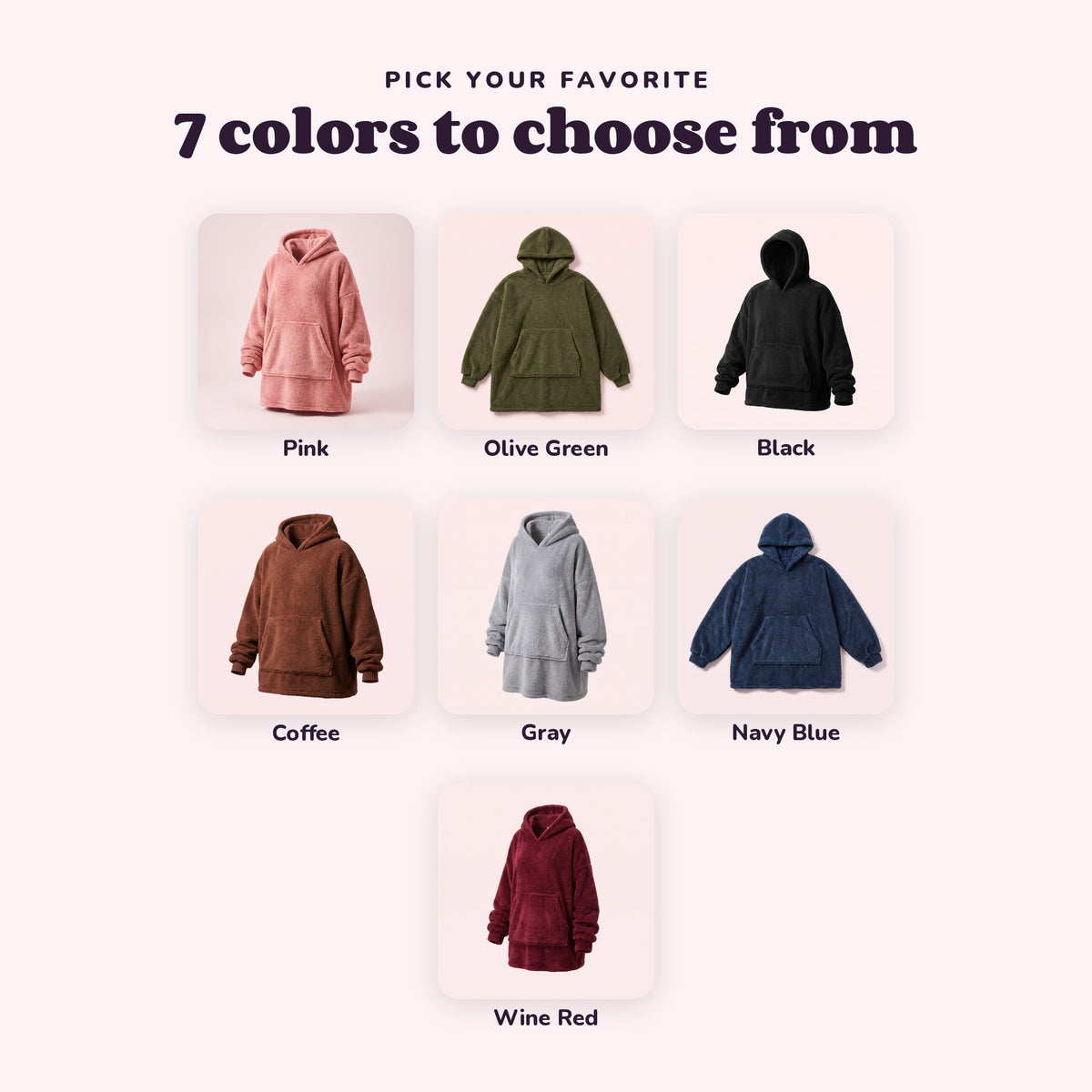 Snugglet Hug Hoodie in all 7 options: Pink, Olive Green, Black, Coffee, Gray, Navy Blue, Wine Red