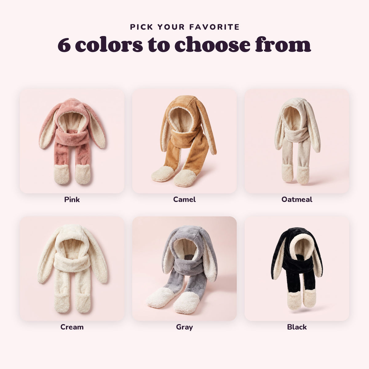 Snugglet Bunny Set in all 6 options: Pink, Camel, Oatmeal, Cream, Gray, Black