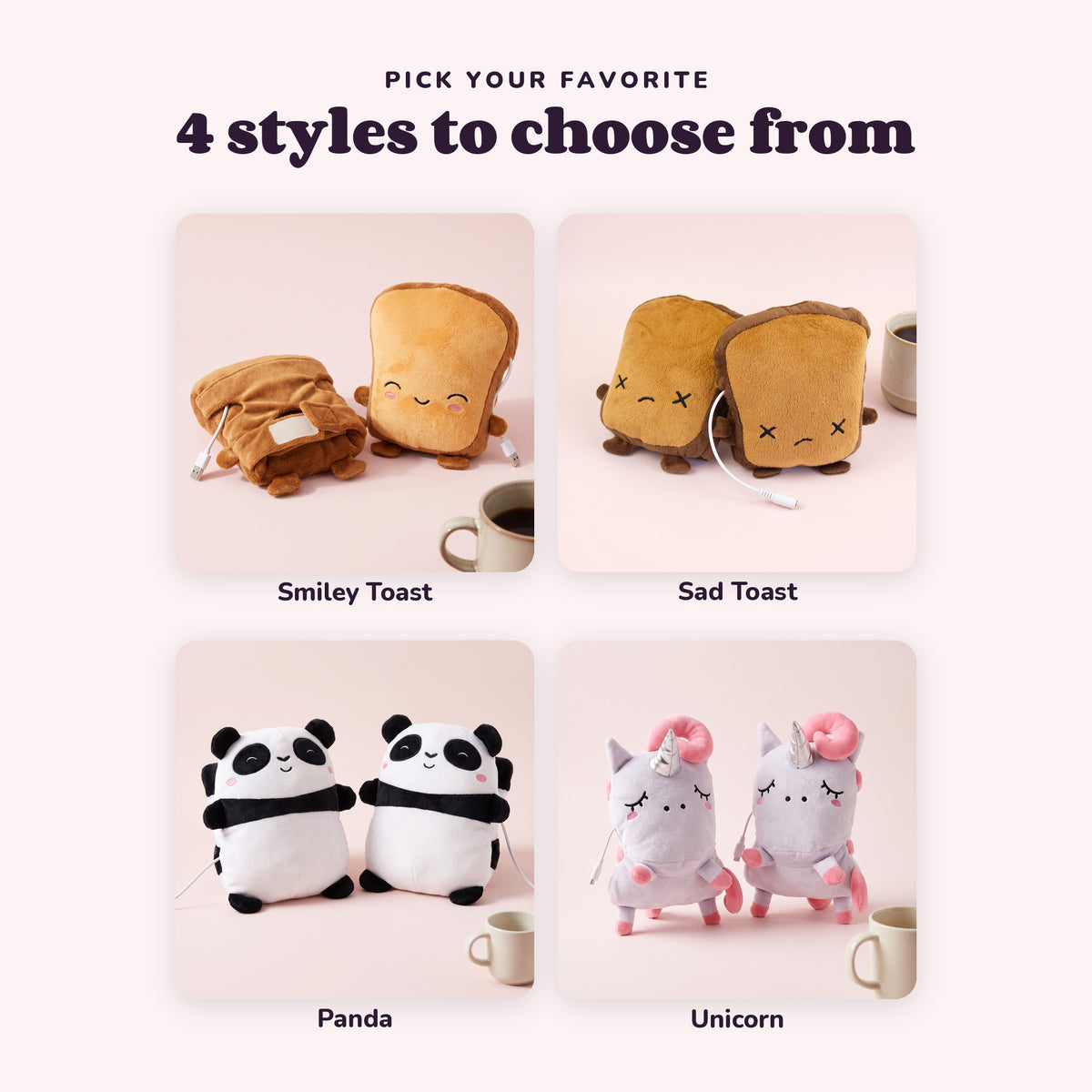 Snugglet Toast Mitts in all 4 options: Smiley Toast, Sad Toast, Panda, Unicorn