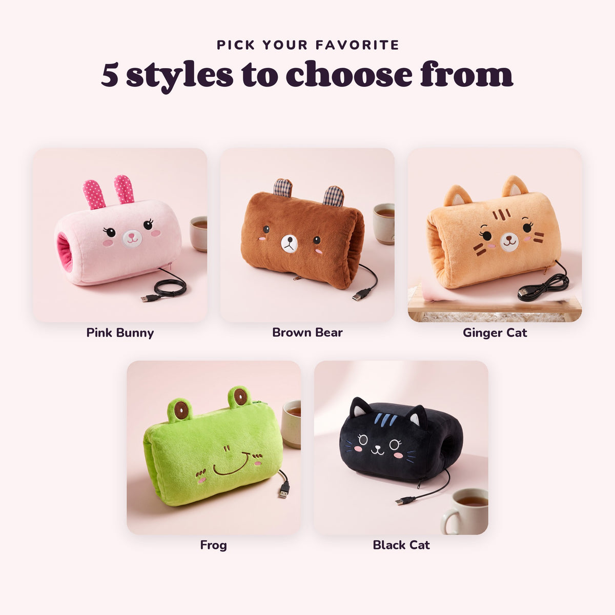 Snugglet Nap Buddy in all 5 options: Pink Bunny, Brown Bear, Ginger Cat, Frog, Black Cat