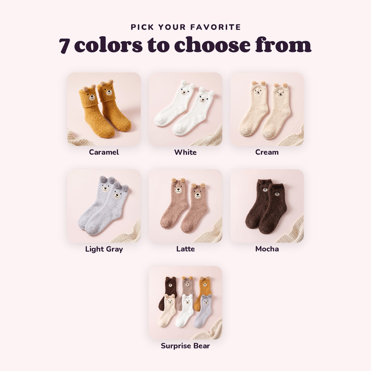 Snugglet Bear Socks in all 7 options: Caramel, White, Cream, Light Gray, Latte, Mocha, Surprise Bear