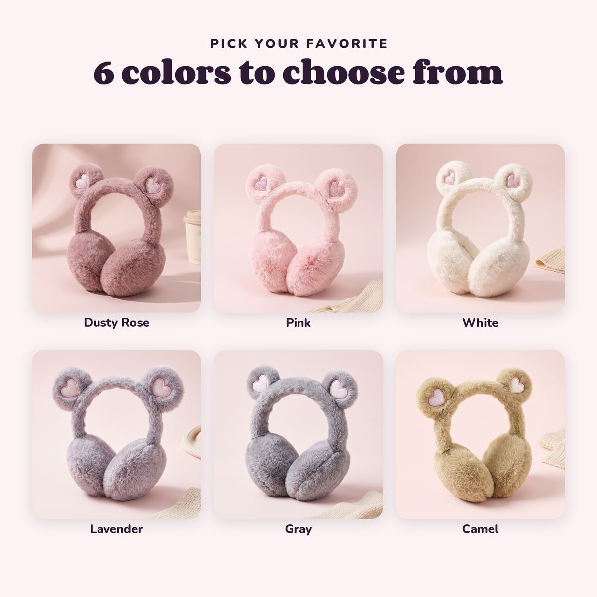 Snugglet Bear Muffs in all 6 options: Dusty Rose, Pink, White, Lavender, Gray, Camel