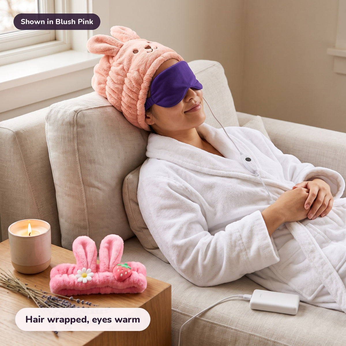 The Sunday Reset Kit in Blush Pink: Hair wrapped, eyes warm