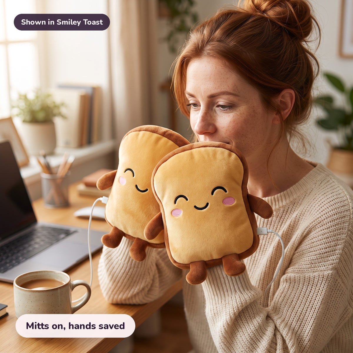Snugglet Toast Mitts in Smiley Toast: Mitts on, hands saved