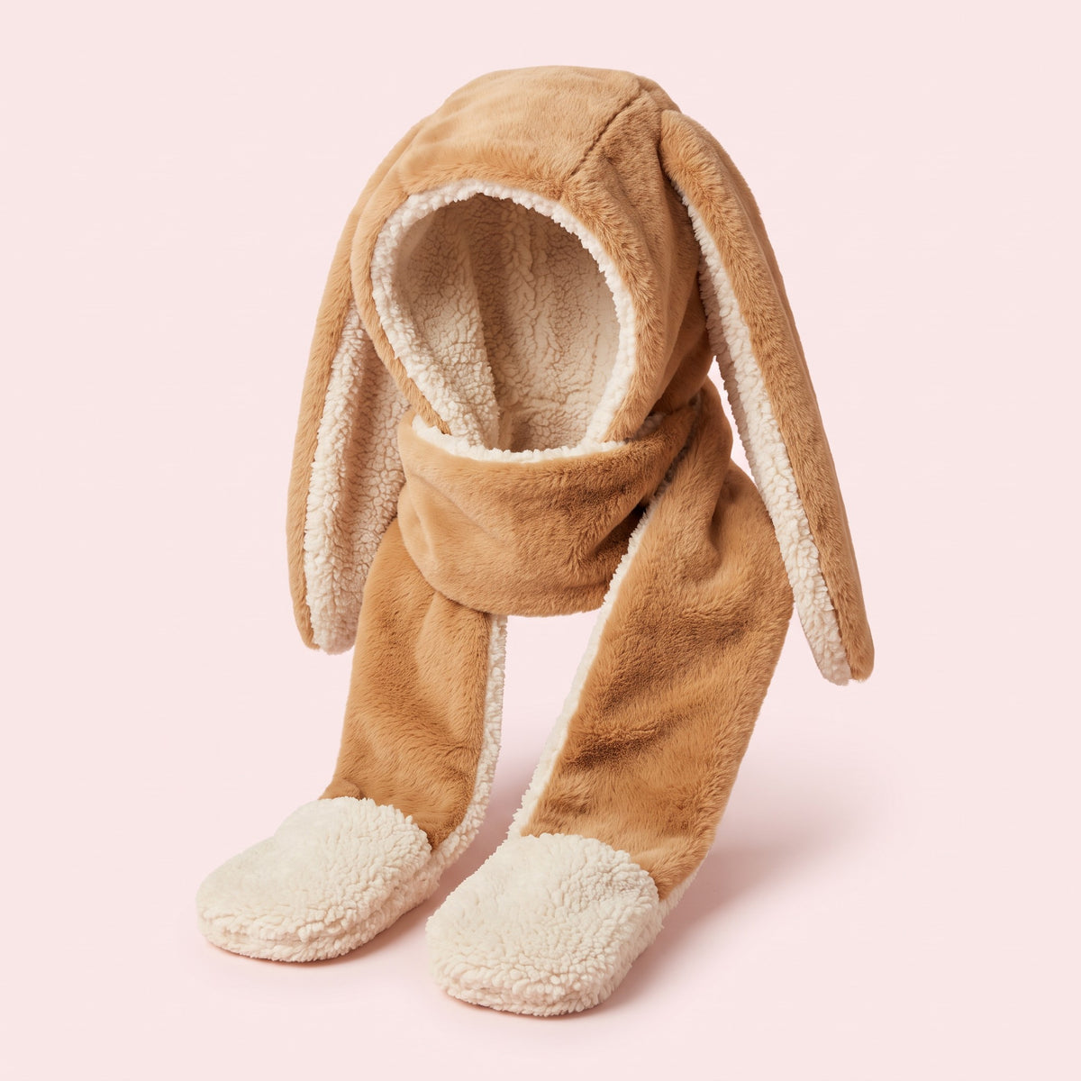 Snugglet Bunny Set in Camel, bunny-ear plush winter hood with matching scarf and cream mittens