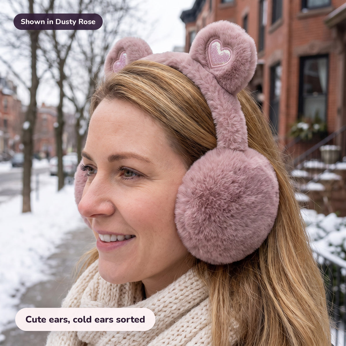 Woman using the Snugglet Bear Muffs in Dusty Rose – Cute ears, cold ears sorted