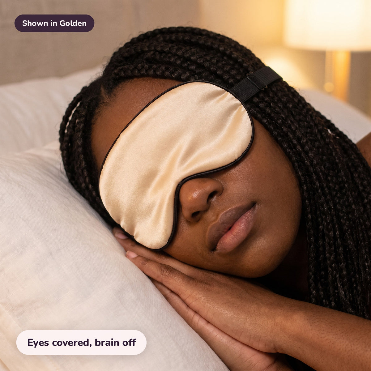 Snugglet Silky Mask in Golden: Eyes covered, brain off