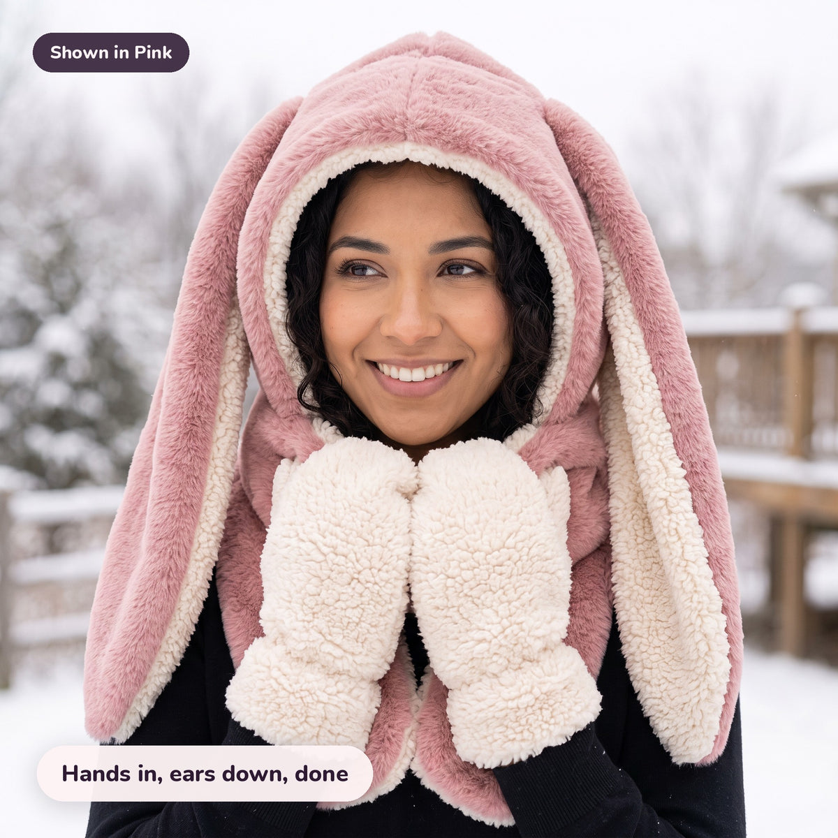 Snugglet Bunny Set in Pink: Hands in, ears down, done
