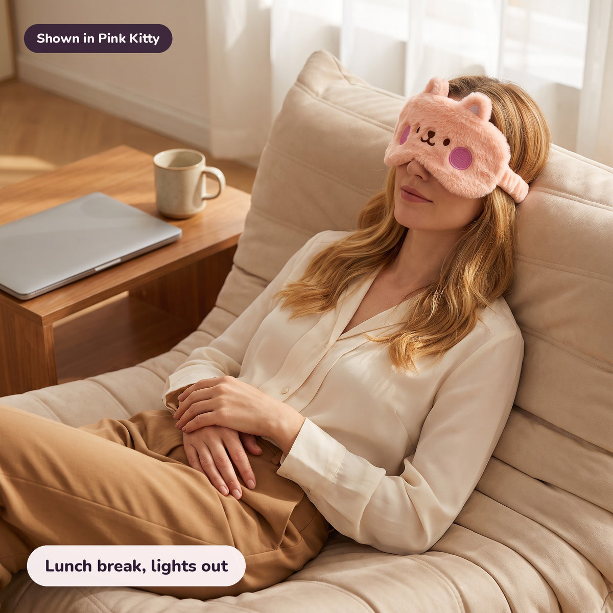 Woman using the Snugglet Nap Kitty in Pink Kitty – Lunch break, lights out