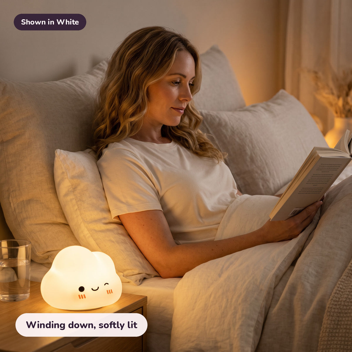 Snugglet Cloud Glow in White: Winding down, softly lit
