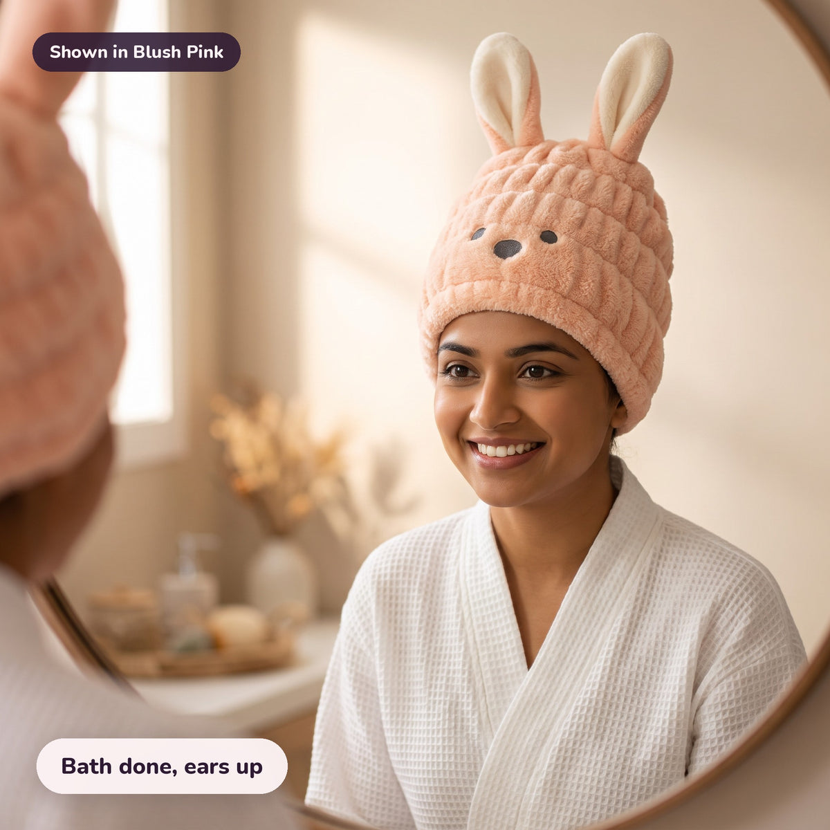 Snugglet Hair Hug in Blush Pink: Bath done, ears up