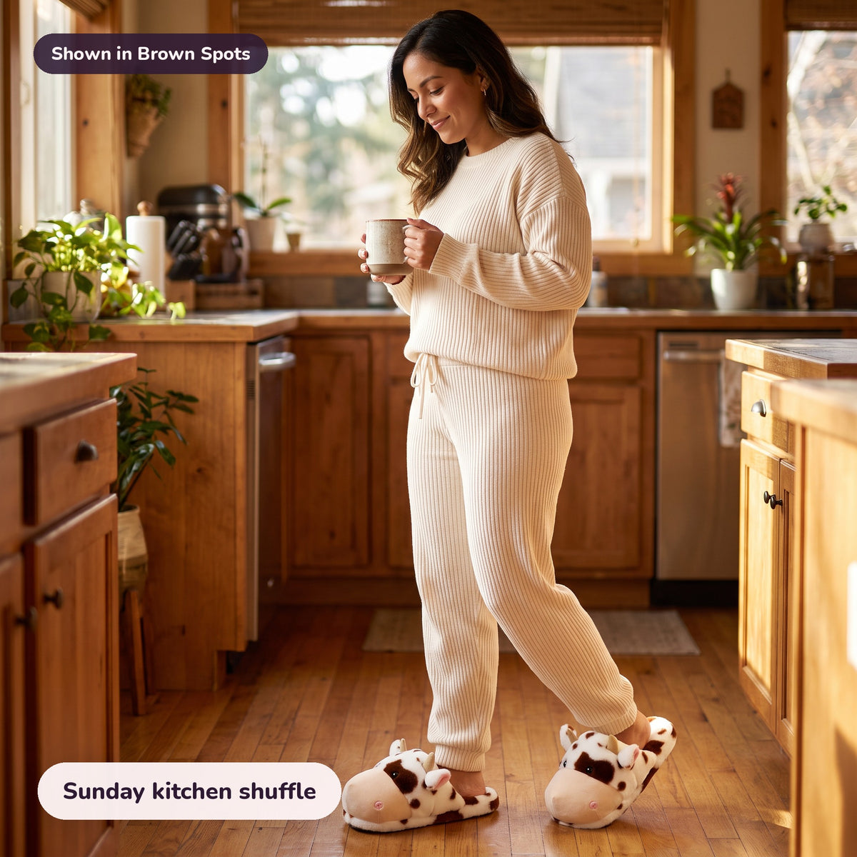 Snugglet Moo Slippers in Brown Spots: Sunday kitchen shuffle