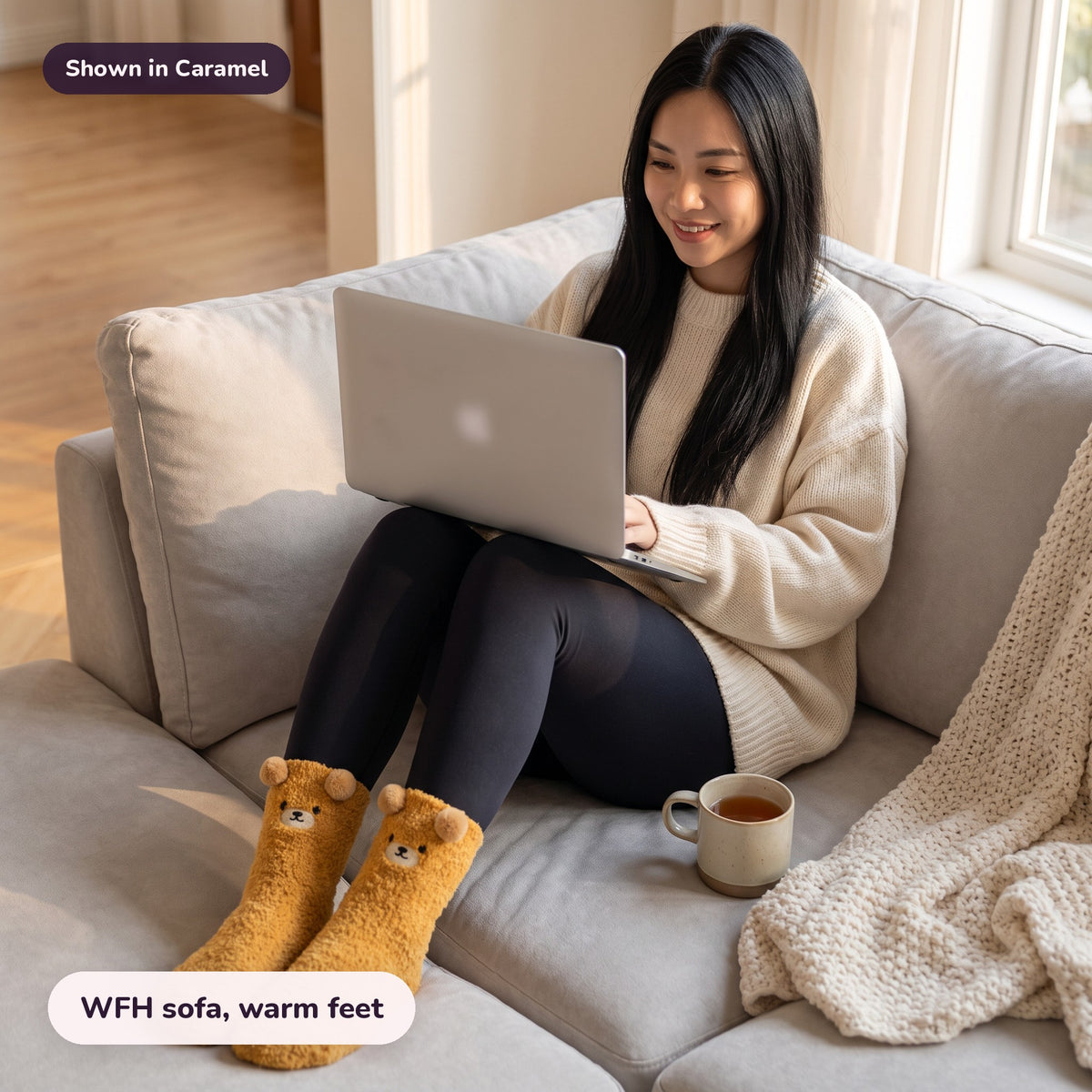 Snugglet Bear Socks in Caramel: WFH sofa, warm feet
