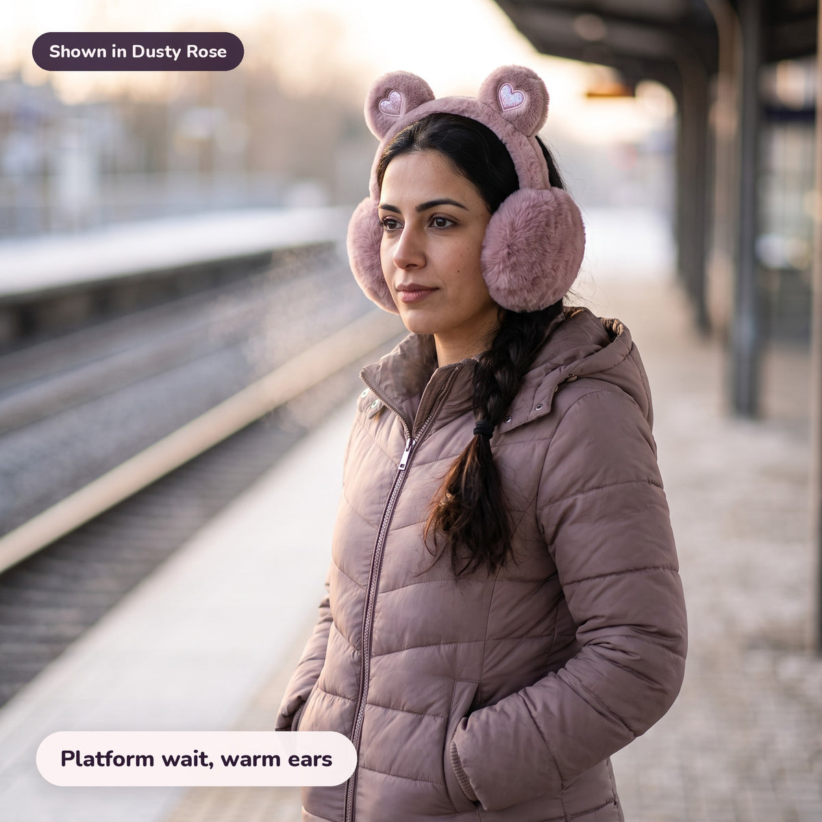 Woman using the Snugglet Bear Muffs in Dusty Rose – Platform wait, warm ears