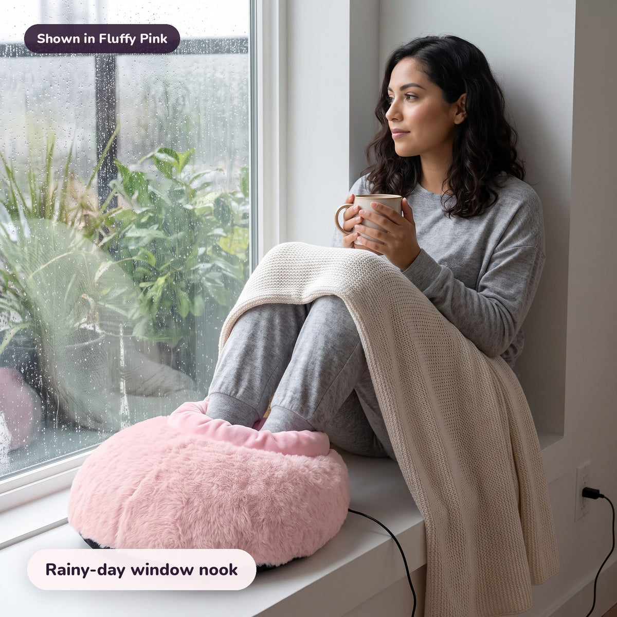 Snugglet Paw Warmer in Fluffy Pink: Rainy-day window nook