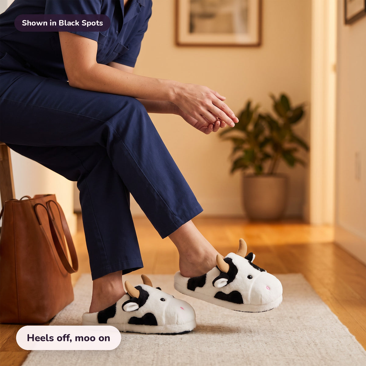 Snugglet Moo Slippers in Black Spots: Heels off, moo on