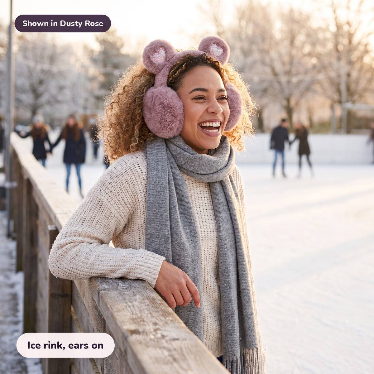 Snugglet Bear Muffs in Dusty Rose: Ice rink, ears on