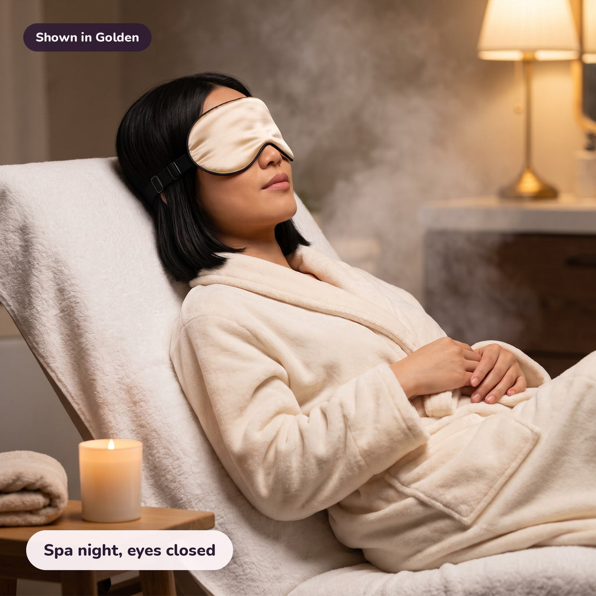 Snugglet Silky Mask in Golden: Spa night, eyes closed