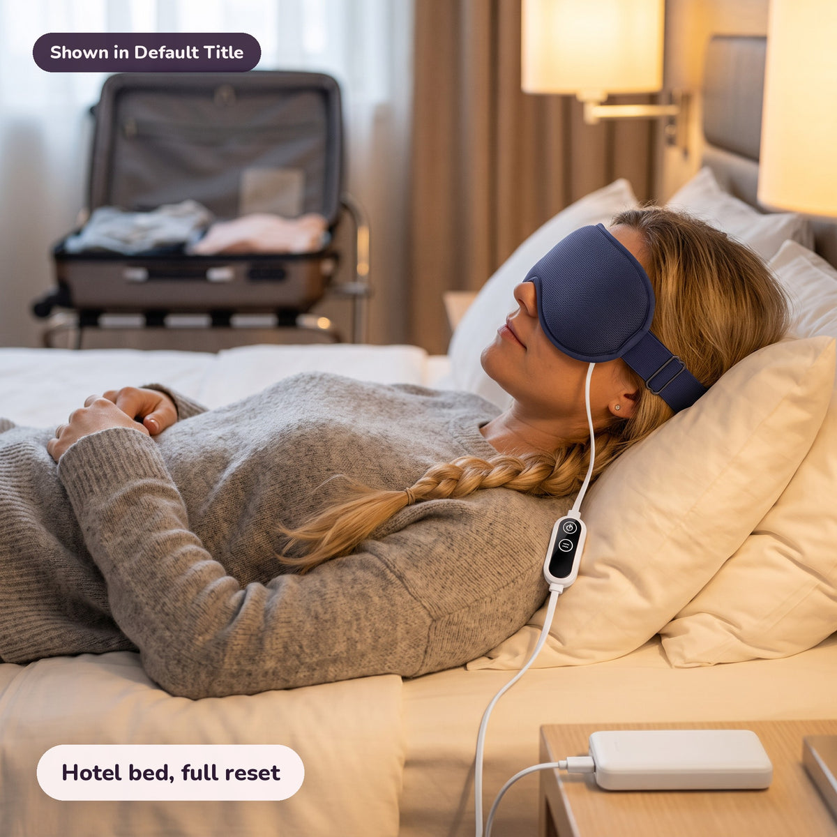 Snugglet Dusk Mask Pro in navy: Hotel bed, full reset