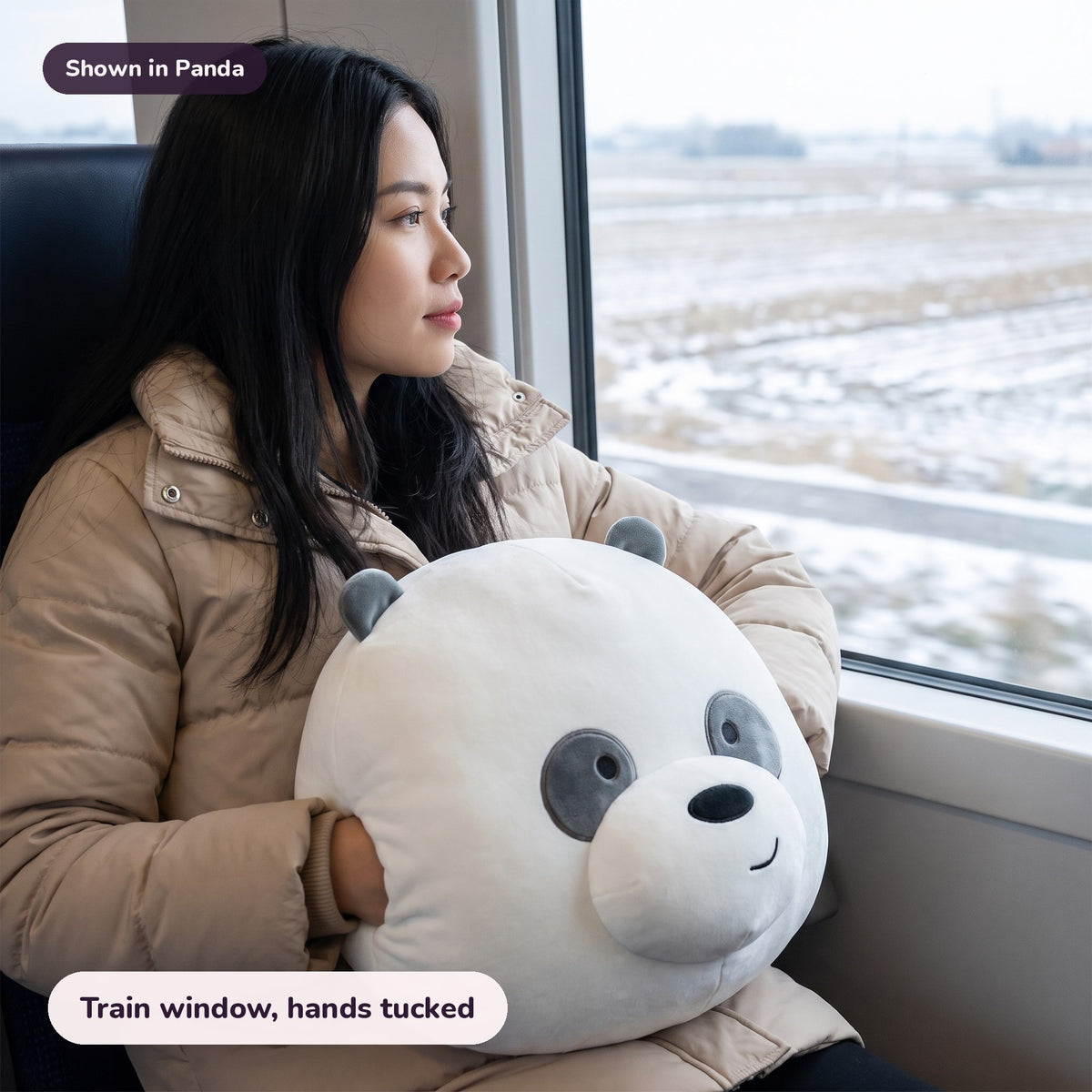 Snugglet Panda Buddy in Panda: Train window, hands tucked