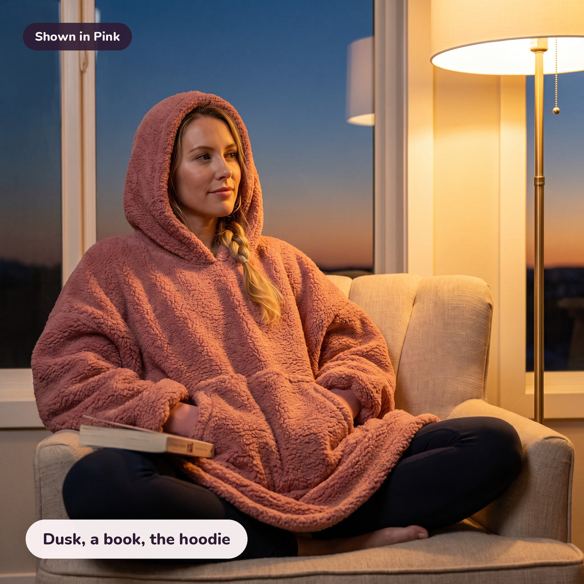 Snugglet Hug Hoodie in Pink: Dusk, a book, the hoodie