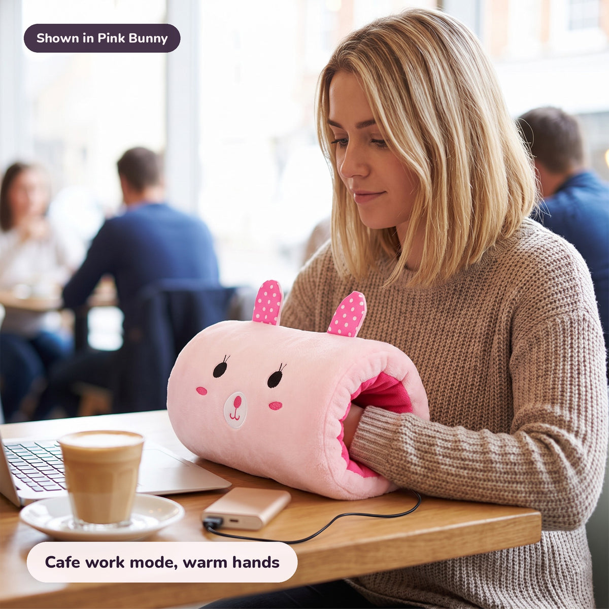 Snugglet Nap Buddy in Pink Bunny: Cafe work mode, warm hands