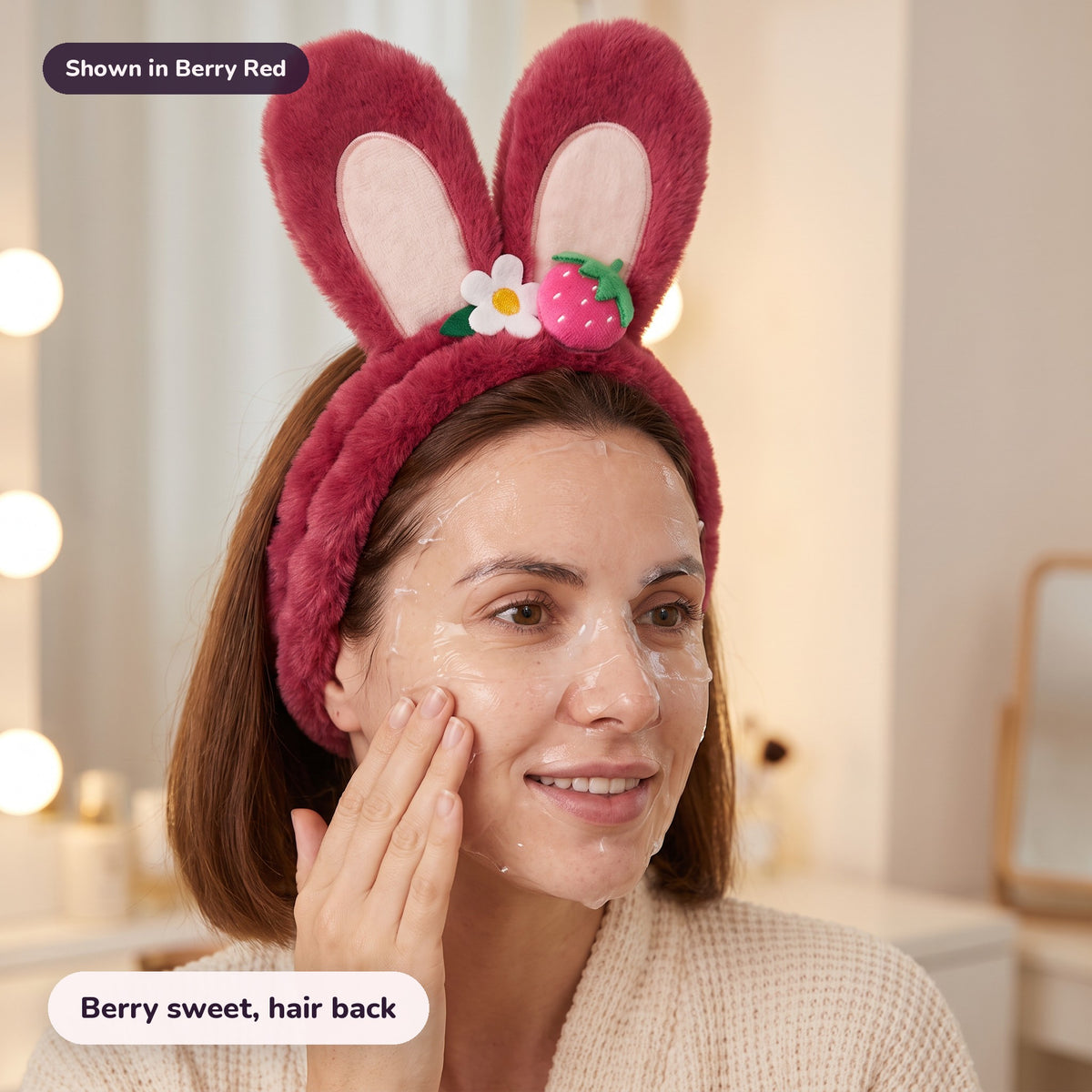 Woman using the Snugglet Spa Band in Berry Red – Berry sweet, hair back