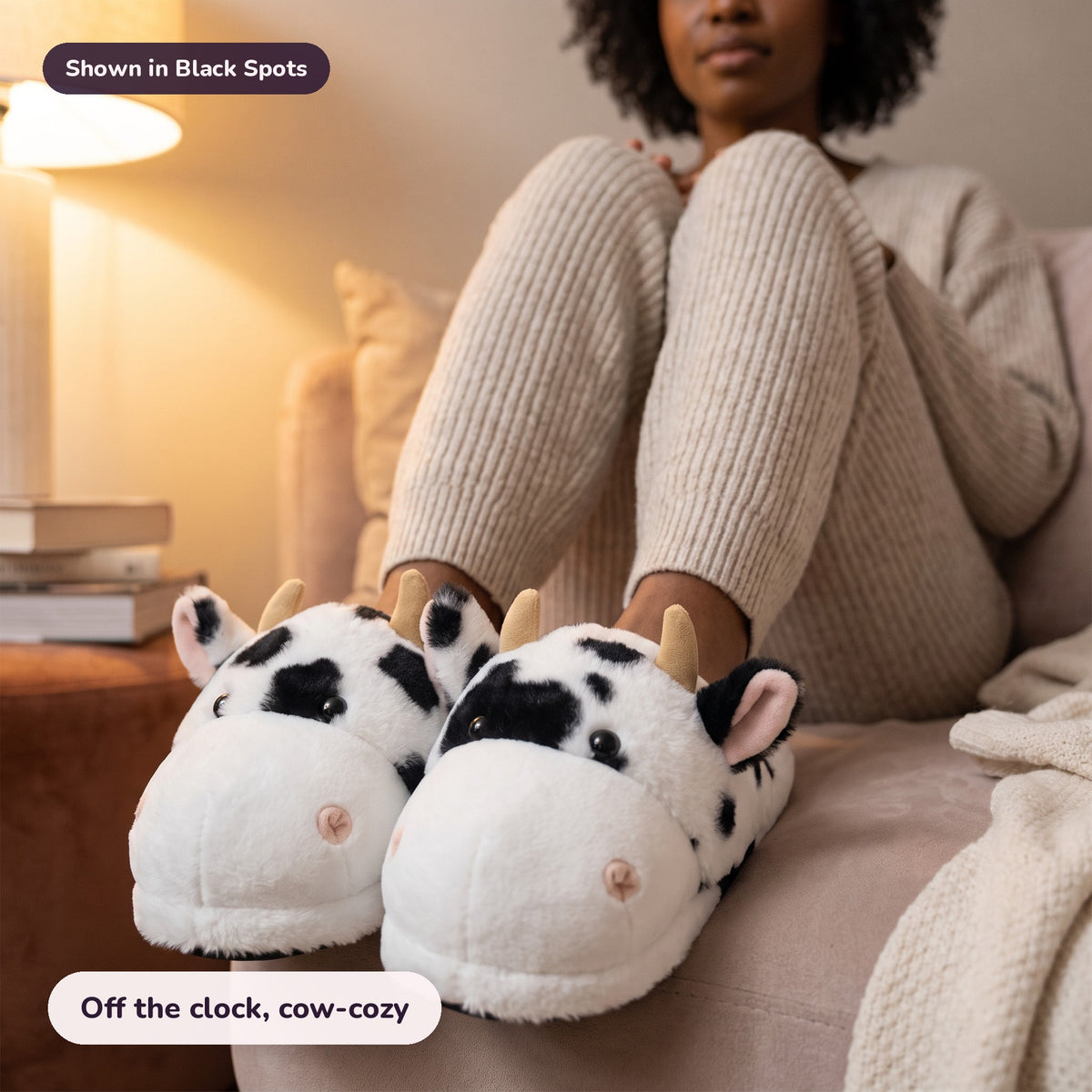Snugglet Moo Slippers in Black Spots: Off the clock, cow-cozy