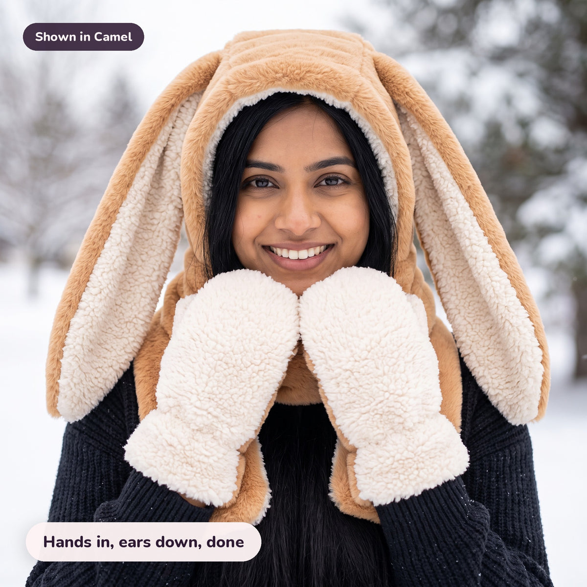 Snugglet Bunny Set in Camel: Hands in, ears down, done