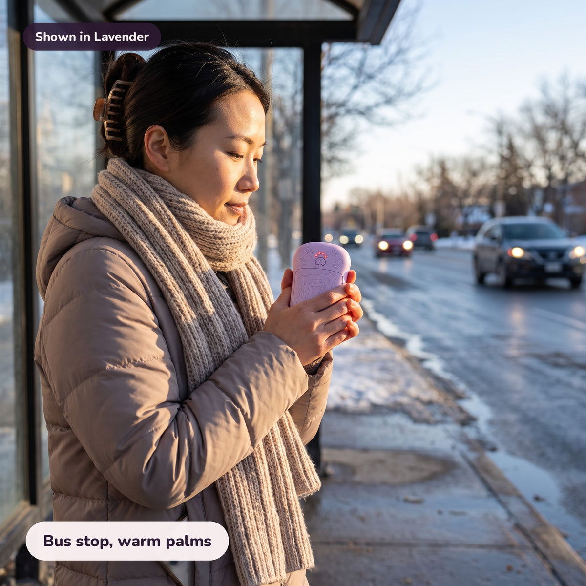 Snugglet Pup Warmer in Lavender: Bus stop, warm palms