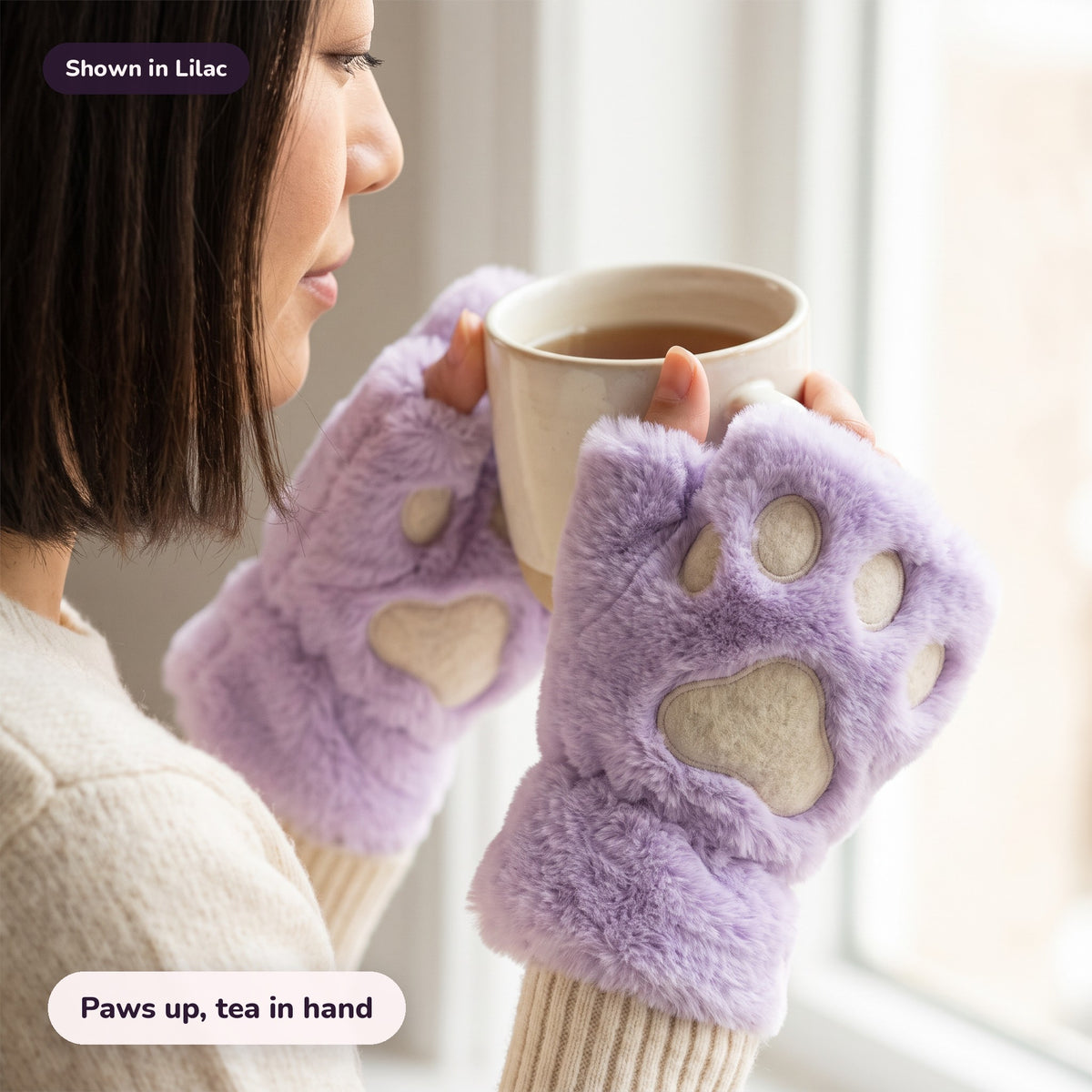 Snugglet Paw Gloves in Lilac: Paws up, tea in hand