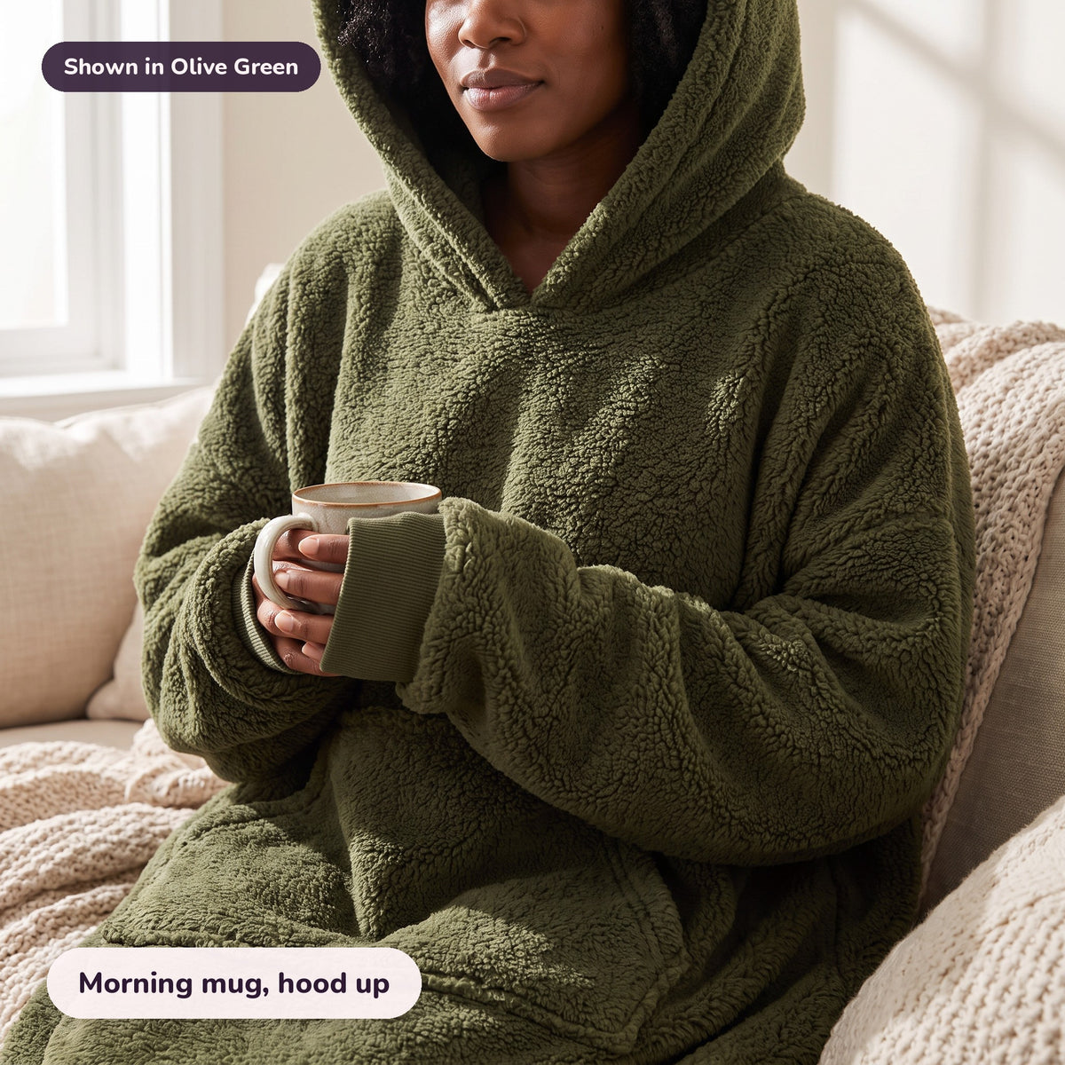 Snugglet Hug Hoodie in Olive Green: Morning mug, hood up