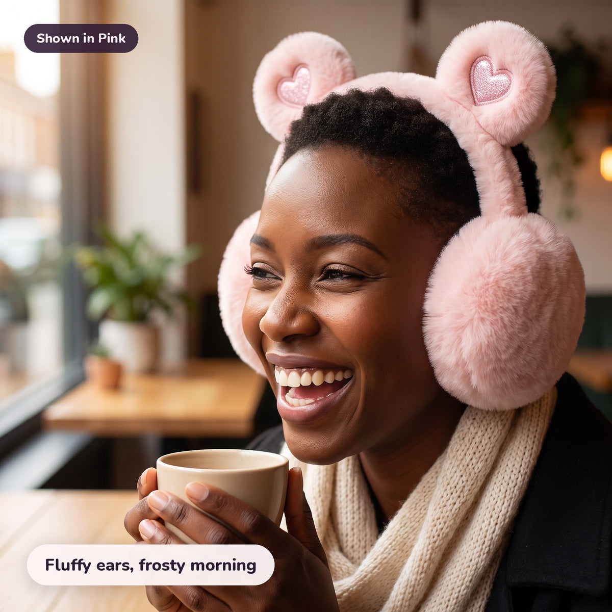 Snugglet Bear Muffs in Pink: Fluffy ears, frosty morning