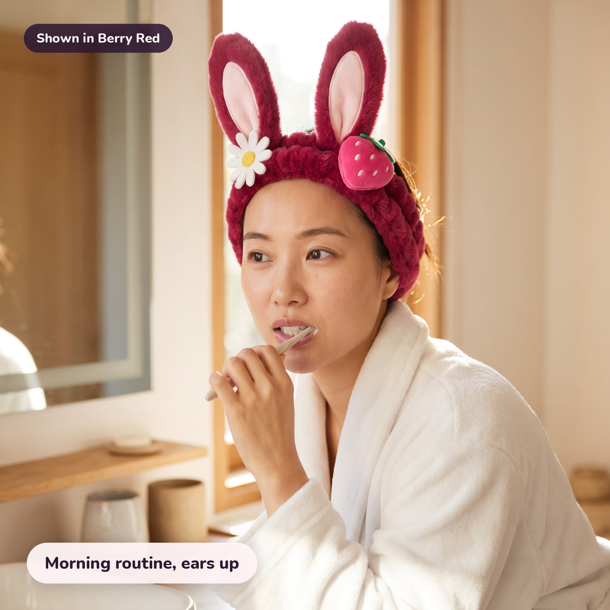 Snugglet Spa Band in Berry Red: Morning routine, ears up