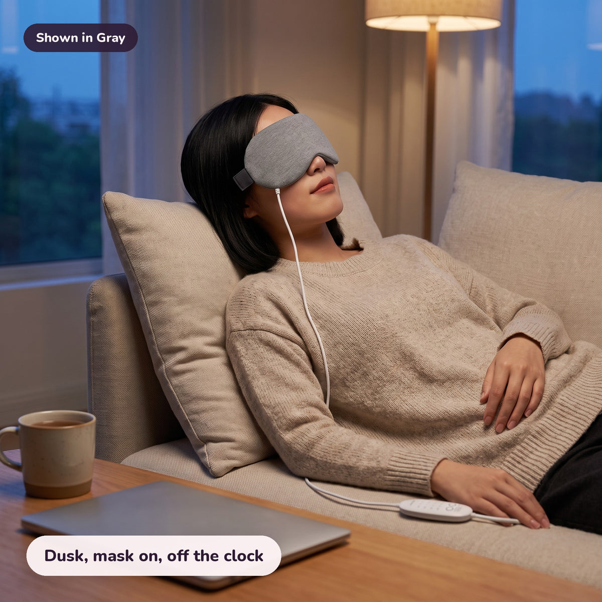Snugglet Dusk Mask in Gray: Dusk, mask on, off the clock