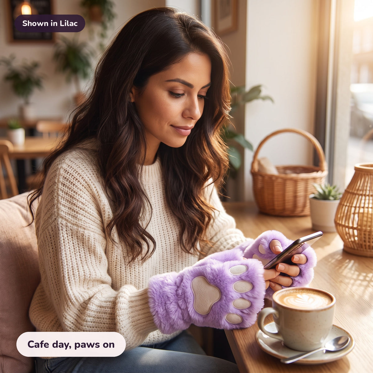 Snugglet Paw Gloves in Lilac: Cafe day, paws on