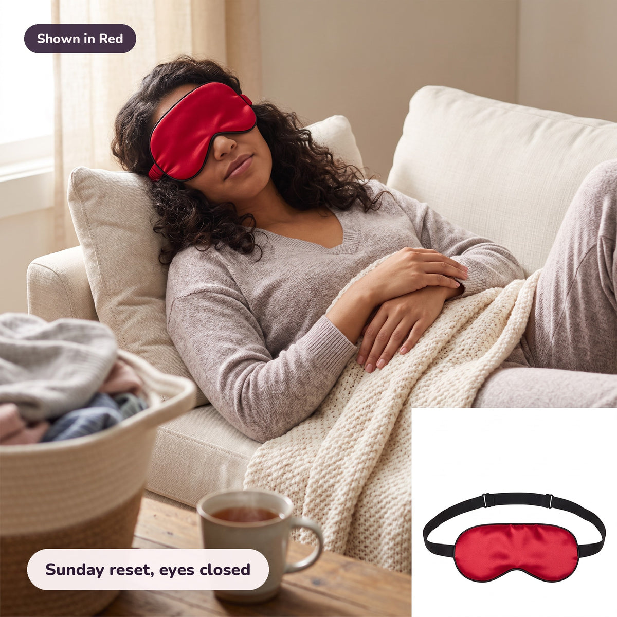 Snugglet Silky Mask in Red: Sunday reset, eyes closed