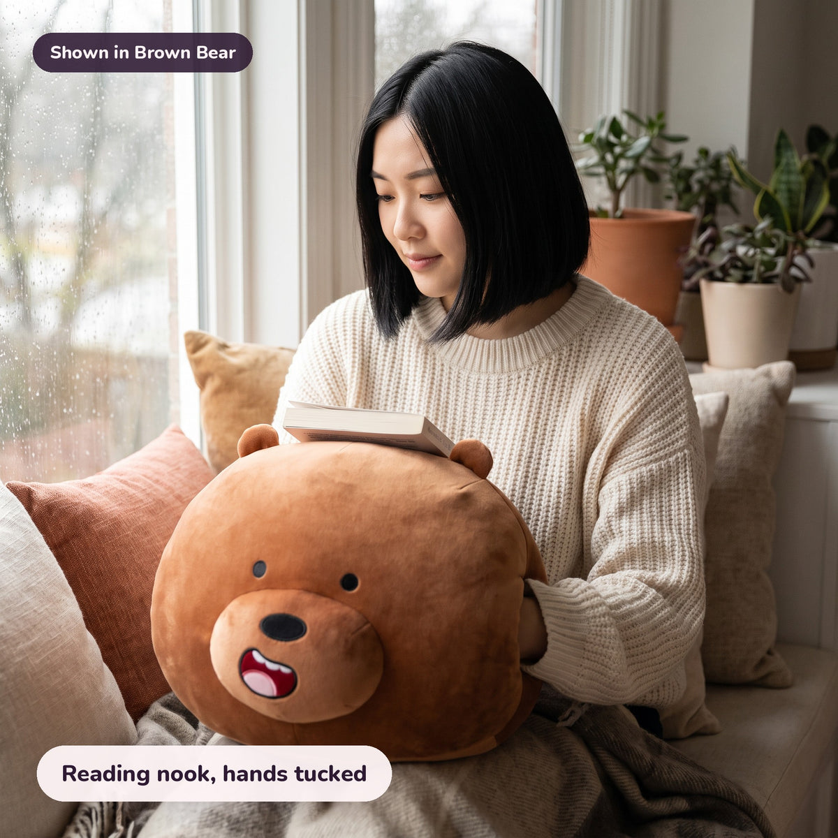 Snugglet Panda Buddy in Brown Bear: Reading nook, hands tucked