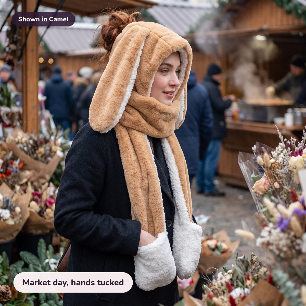 Snugglet Bunny Set in Camel: Market day, hands tucked