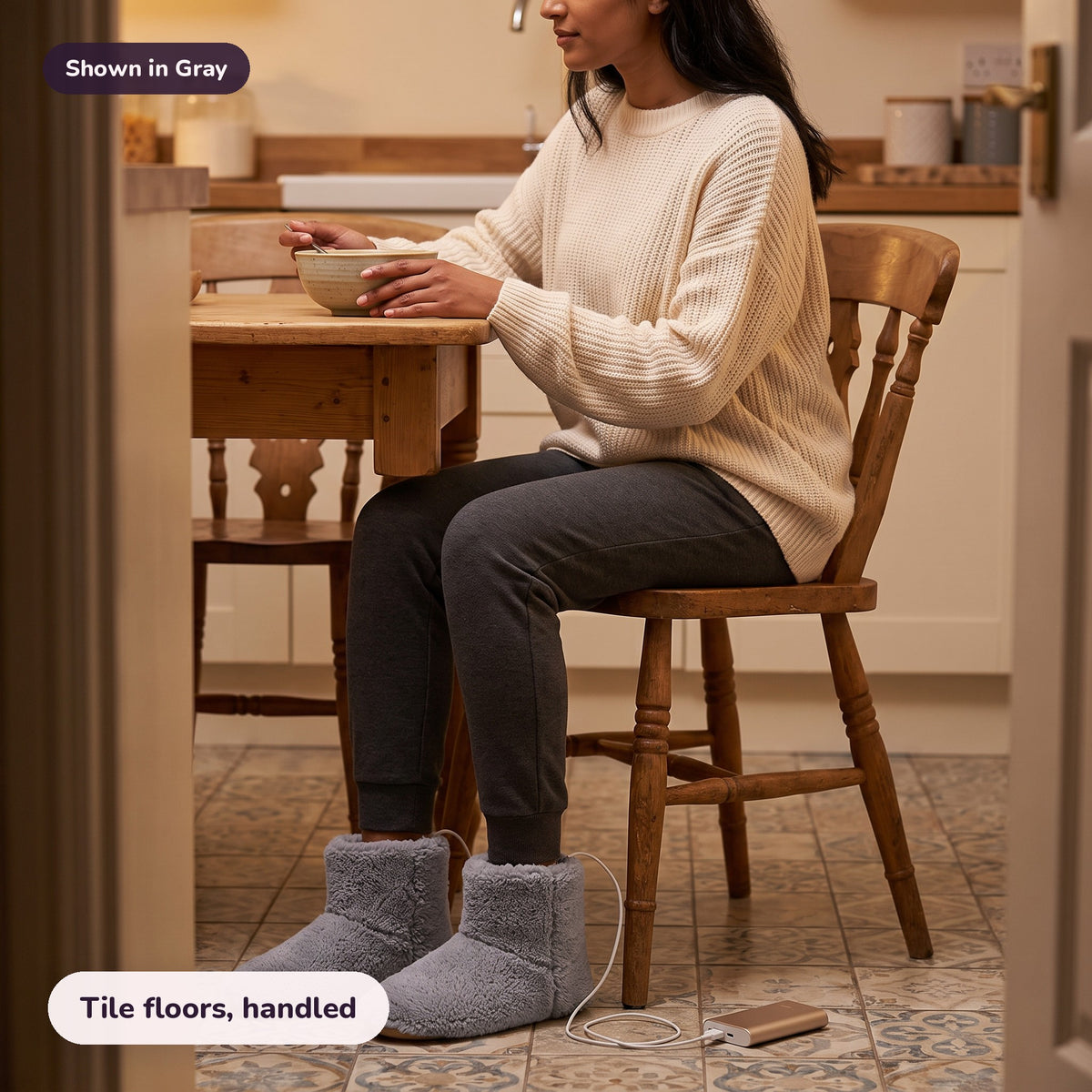 Snugglet Toe Toasters in Gray: Tile floors, handled